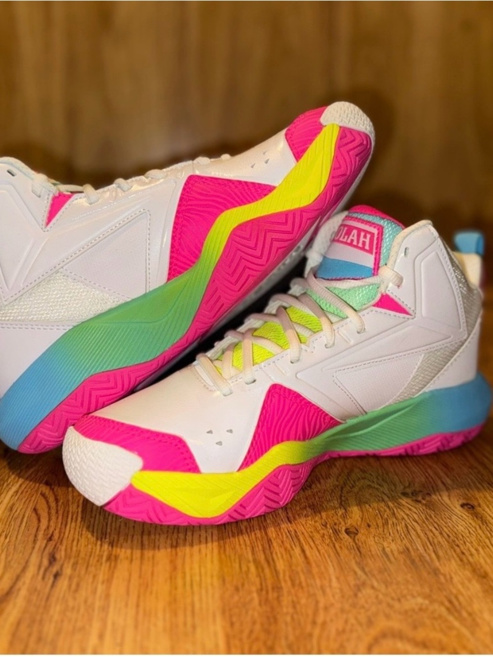White Athletic High-Top Sneakers with Pink & Neon Accents 6.5 Youth 8 women